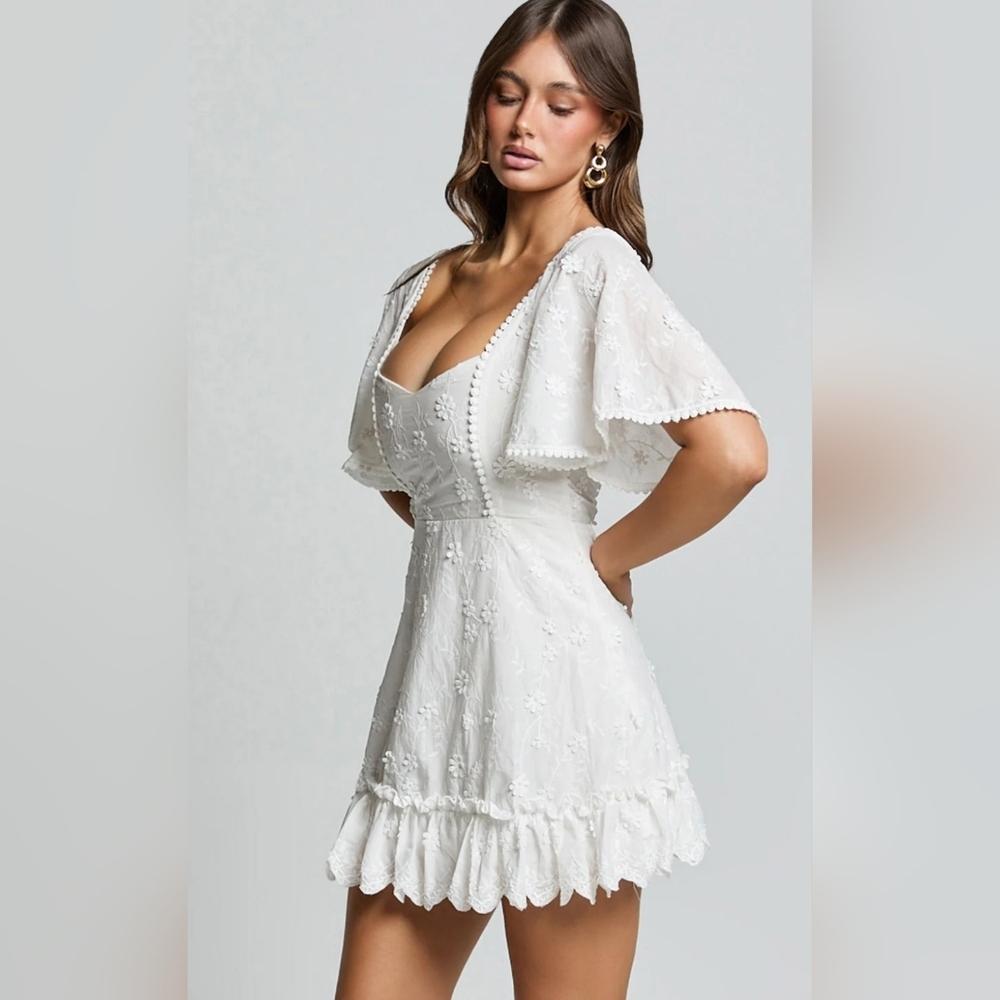 Showpo Fancy a Spritz White Embroidered Flutter Sleeve Mini Dress, Size XXS